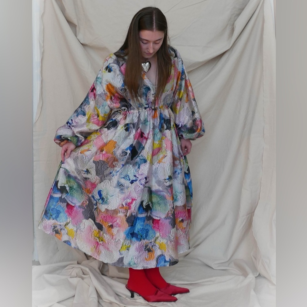 Stine Goya Niki Dress in Melrose Jacquard | Painterly Floral Metallic | Size M